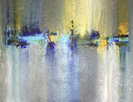 An abstract painting with blue and yellow by Pamela Huffman