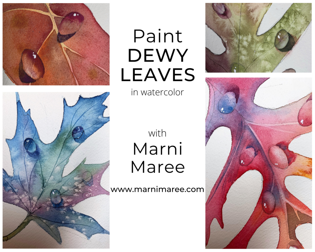 Four close-ups of watercolor leaves with water droplets