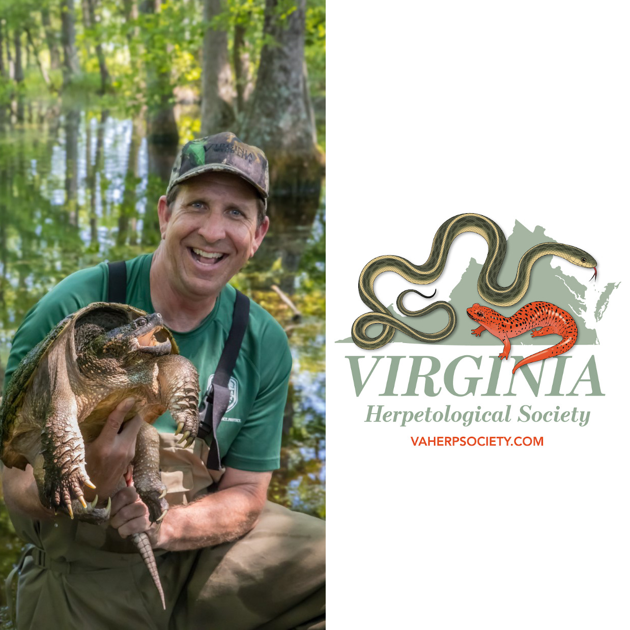 JD Kleopfer holding a turtle and the Virginia Herpetological Society logo