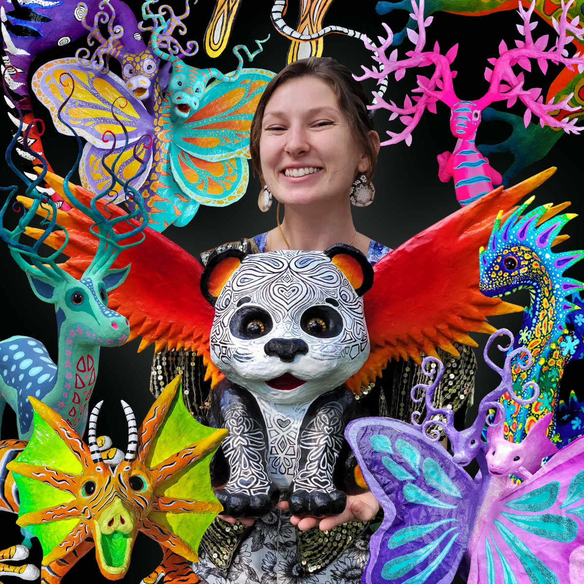 Kelsey Joyce with fantastical Panda and other creatures