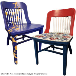 Chairs by Mal Jones (left) and Joyce Wagner (right) for the Alexandria Library Take a Seat project.