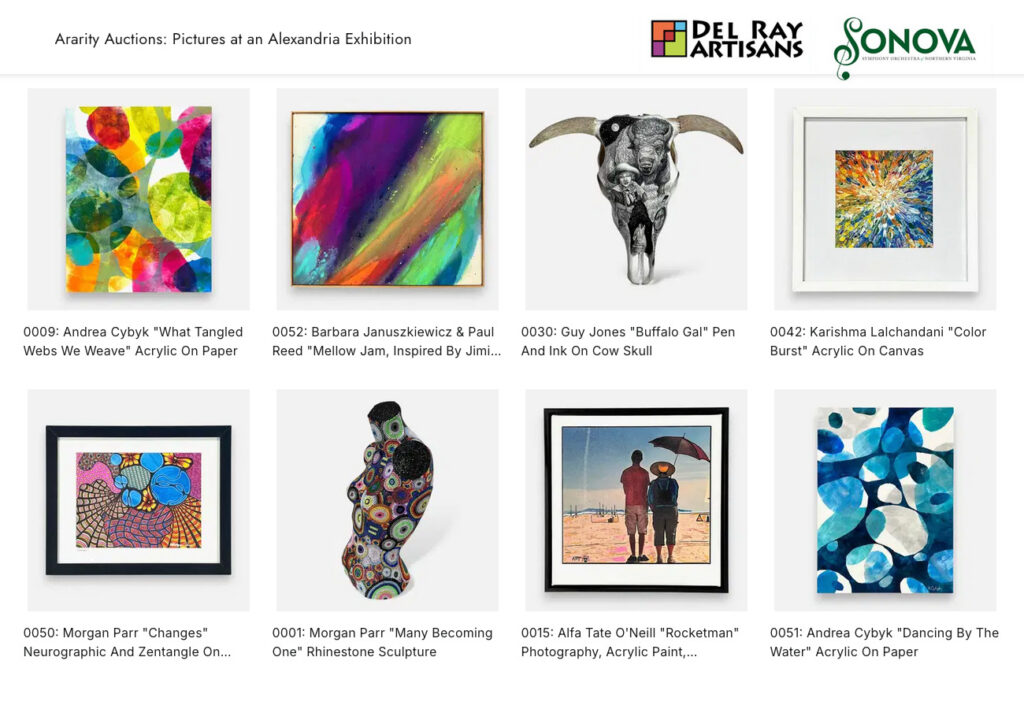 Pictures at an Alexandria Exhibition is a collaborative project between Del Ray Artisans, the Symphony Orchestra of Northern Virginia, and the Symphony Orchestra League of Alexandria. Online auction managed by Ararity Auctions.
